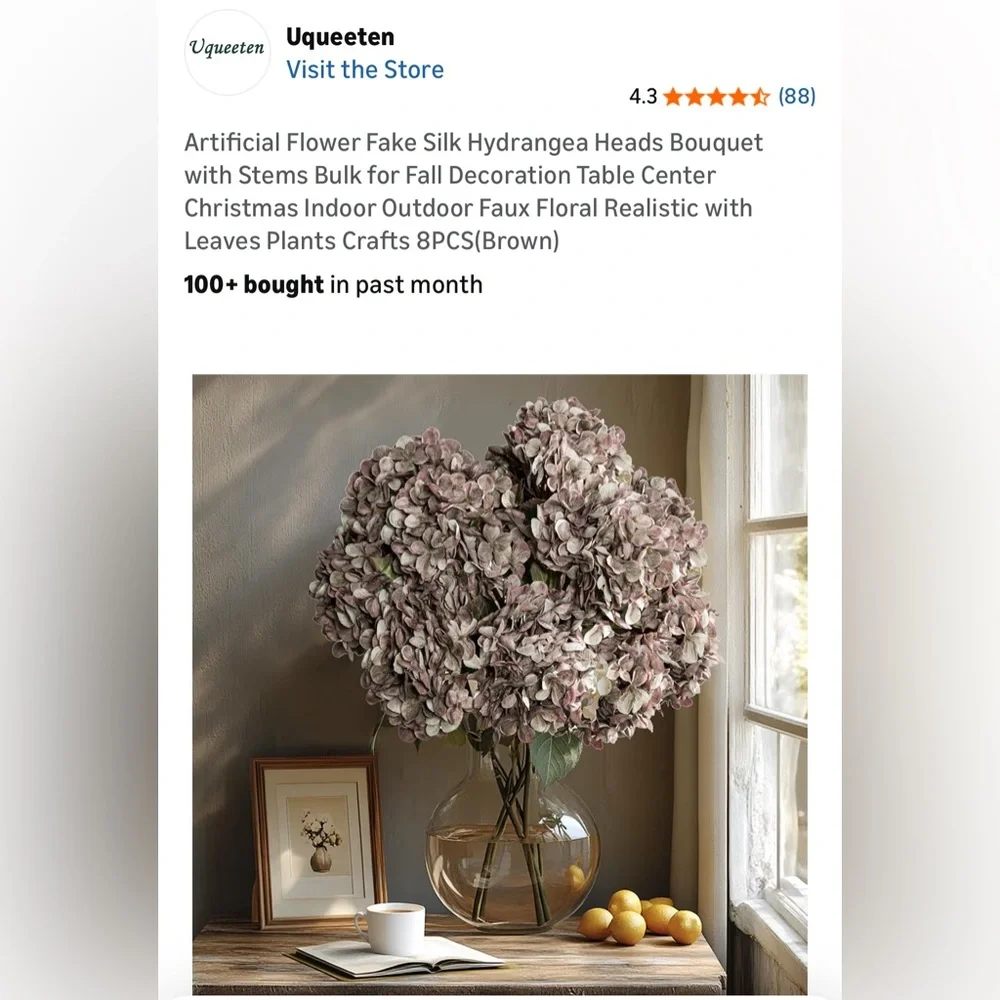 NIB Uqueeten Faux Hydrangea Heads with Stems 8 PCs Mauve/Brown Silk Realistic